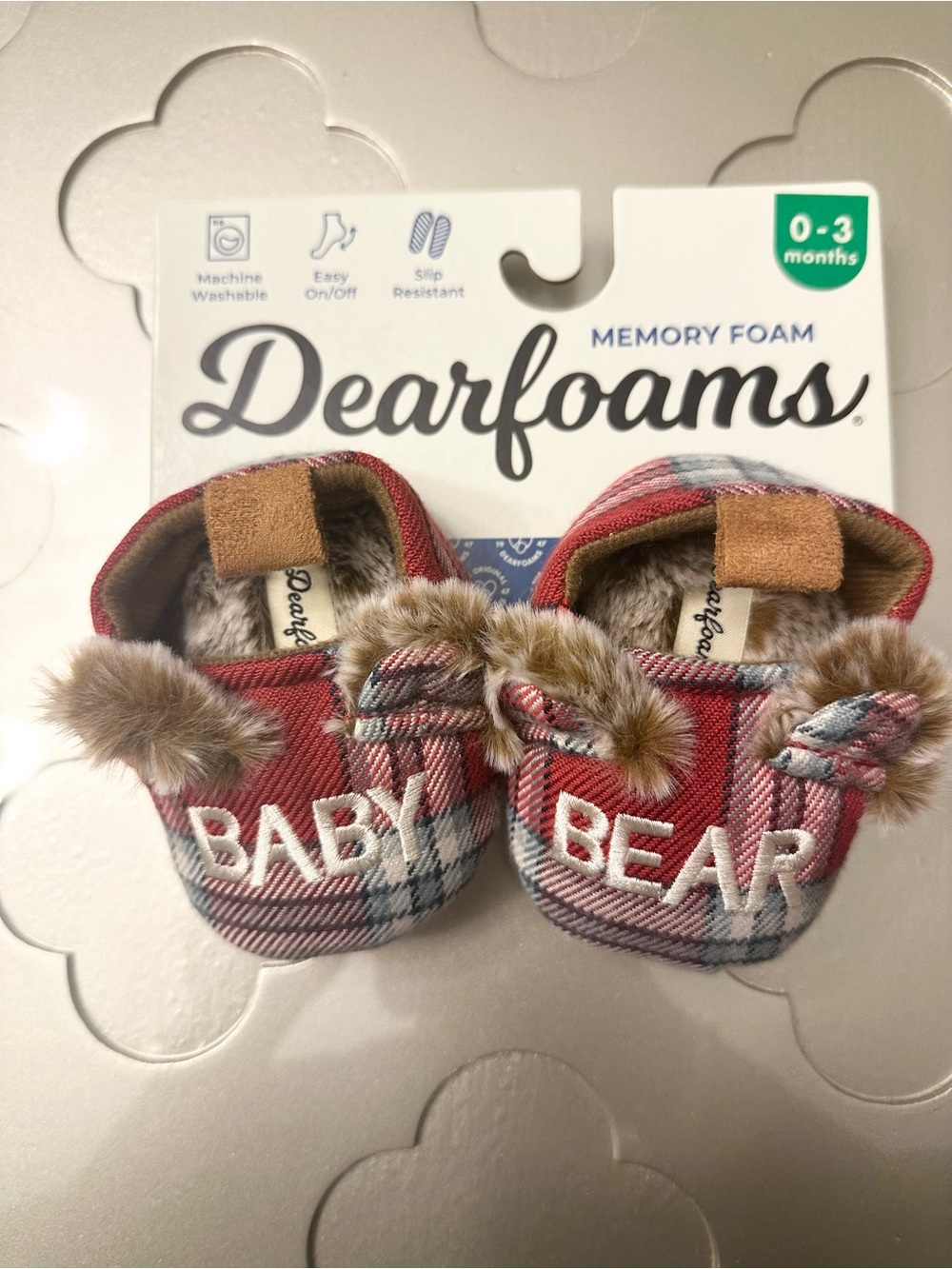 dearfoams Red Plaid Baby Bear Memory Foam Booties with Faux-Fur Trim